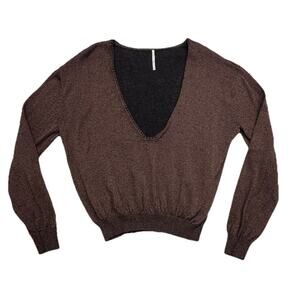 Free People Pullover Sweater Gold Dust Shimmer Deep VNeck Size Medium Linen